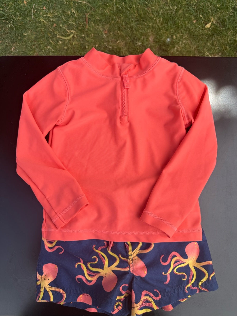 Carter's Coral Long-Sleeve Rashguard with Navy Octopus Swim Shorts